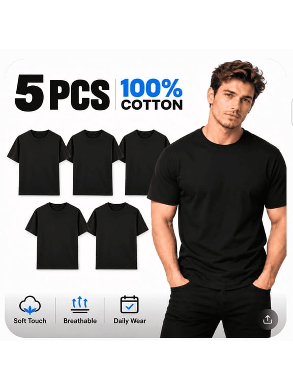 Men's 5 Pack Black T-Shirts, 100% Cotton Crewneck Short Sleeve Plain Blank Tees, Basic Bulk Multipack for Everyday Casual Wear, S-3XL