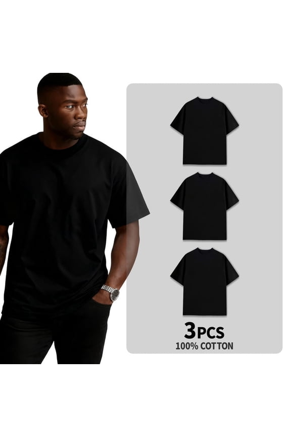 Men's Black Crew Neck T-Shirt, Short Sleeve, Comfort Fit undershirts basic Tee,3-pack