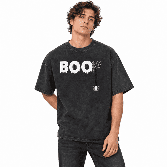 Greenink Men's Boo Spider Web Halloween Graphic Tee, 100% Cotton 230 GSM Heavyweight Vintage Washed Oversized T-Shirt for Spooky Season