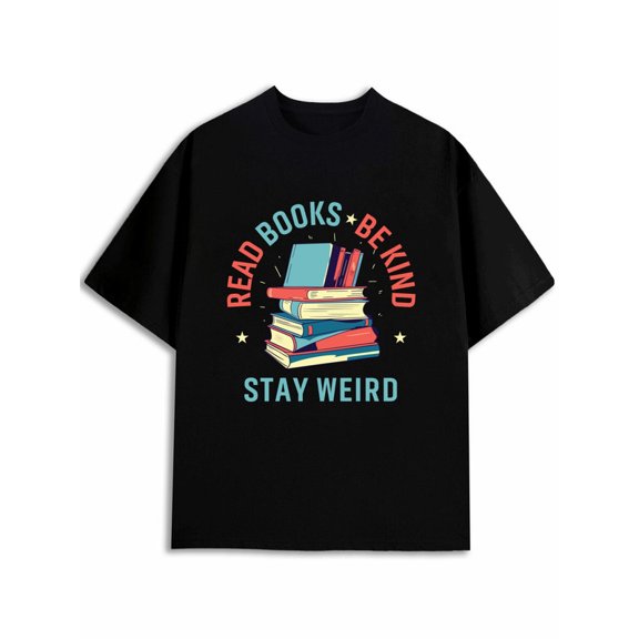Greenink Men's Breathable Vintage‑Style Black Graphic Tee, Read Books Be Kind Stay Weird Slogan Print, Book Lover Gift Everyday Casual Tops