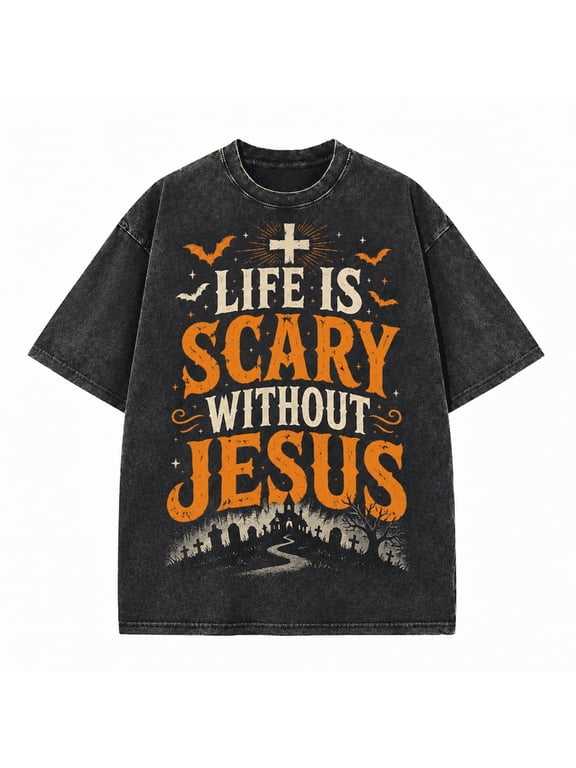 Men's Christian Halloween Cross Graphic Tee, Life Is Scary Without Jesus, 100% Cotton 230 GSM Vintage Washed Heavyweight T-Shirt