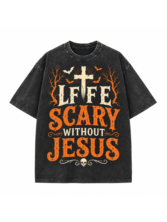 Men's Christian Halloween Cross Vintage Graphic Tee, Life Scary Without Jesus, 100% Cotton 230 GSM Vintage Washed Heavyweight Tee