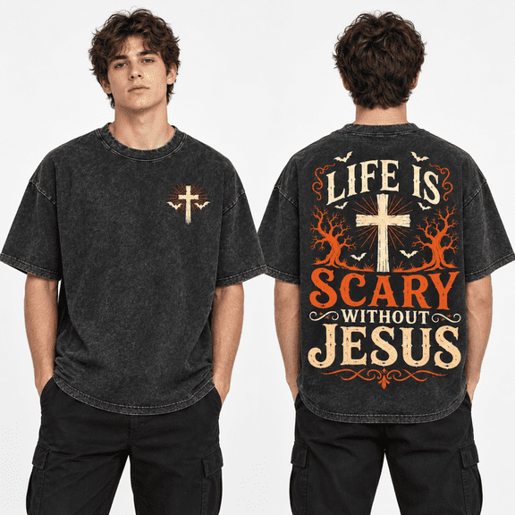 Greenink Men's Christian Halloween Double Sided Graphic T-Shirt, Life Is Scary Without Jesus Front Chest Cross and Back Print, 100% Cotton 230 GSM Vintage Washed Tee