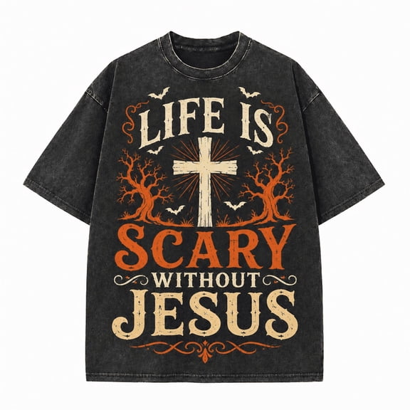 Greenink Men's Christian Halloween Forest Cross Vintage Graphic Tee, Life Is Scary Without Jesus, 100% Cotton 230 GSM Washed Heavyweight Tee