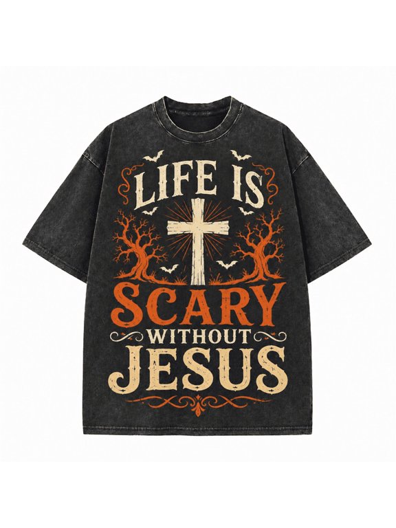 Men's Christian Halloween Forest Cross Vintage Graphic Tee, Life Is Scary Without Jesus, 100% Cotton 230 GSM Washed Heavyweight Tee