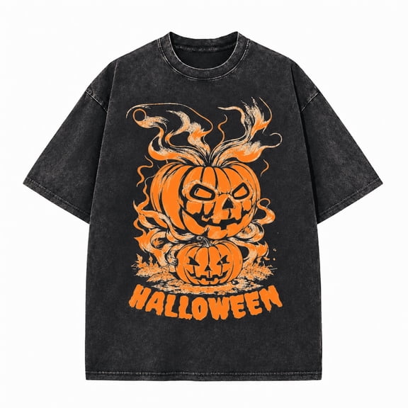 Greenink Men's Halloween Flaming Jack O Lantern Vintage Graphic Tee, 100% Cotton 230 GSM Washed Streetwear Heavyweight Oversized T-Shirt