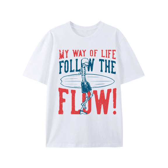 Greenink Men's Halloween Follow The Flow Skull Graphic Tee, Retro Surf‑Style Skeleton Print Short‑Sleeve Crew Neck Casual T‑Shirt