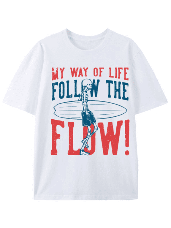 Men's Halloween Follow The Flow Skull Graphic Tee, Retro Surf‑Style Skeleton Print Short‑Sleeve Crew Neck Casual T‑Shirt