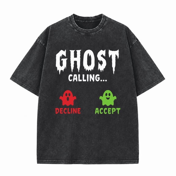 Greenink Men's Halloween Ghost Calling Vintage Graphic Tee, 100% Cotton 230 GSM Washed Streetwear Heavyweight Oversized T-Shirt
