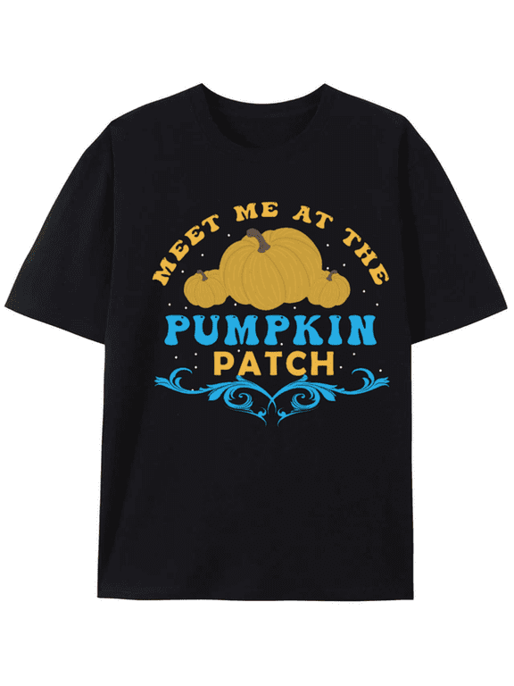 Men's Halloween Graphic Tee, Meet Me At The Pumpkin Patch Print Short‑Sleeve Crew Neck Casual T‑Shirt, Spooky Fall Party Top