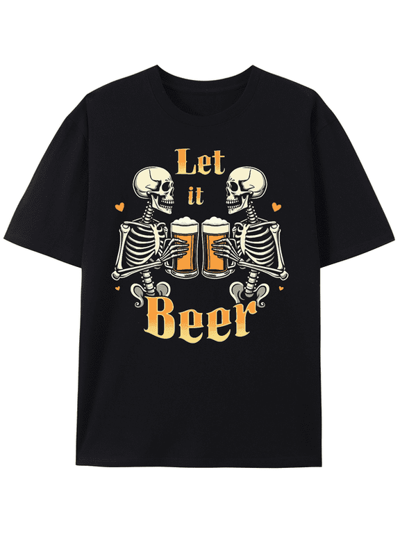 Men's Halloween Graphic Tee, Skeleton Cheers LET IT BEER Golden‑Tone Graphic Short‑Sleeve Crew Neck Casual T‑Shirt, Spooky‑Season Funny Fall Drinking Halloween Top