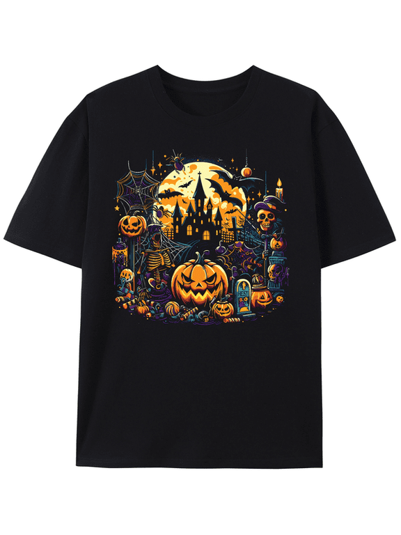 Men's Halloween Graphic Tee, Skeleton Ghost Haunted Pumpkin Halloween Scene Print Short‑Sleeve Crew Neck Casual T‑Shirt, Spooky Fall Party Top