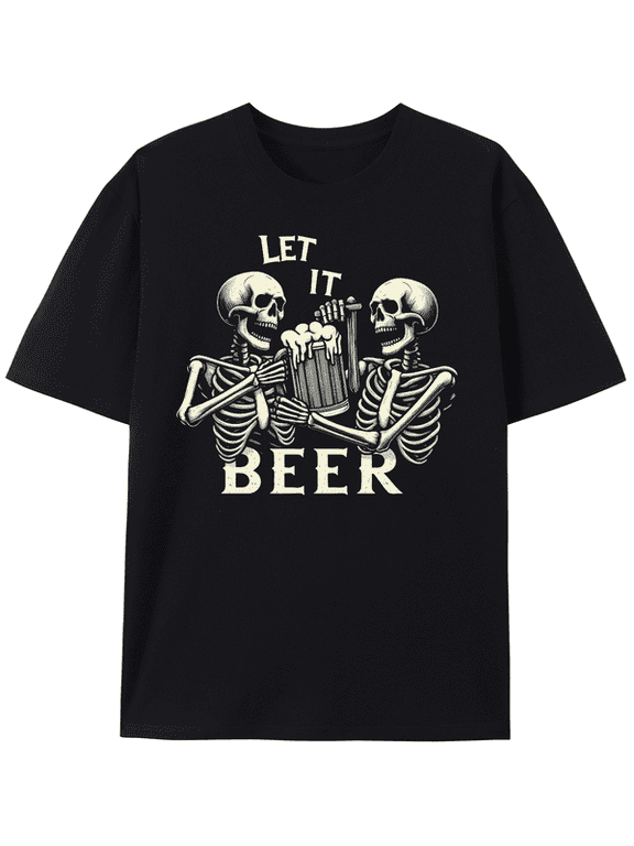 Men's Halloween Graphic Tee, Vintage‑Tone Skeleton Cheers LET IT BEER Graphic Short‑Sleeve Crew Neck Casual T‑Shirt, Spooky‑Season Funny Fall Halloween Party Top