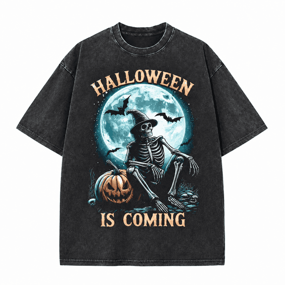 Greenink Men's Halloween Is Coming Skeleton Pumpkin Graphic T-Shirt, 100% Cotton 230 GSM Vintage Washed Heavyweight Oversized Tee for Costume Party