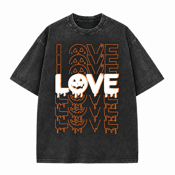 Greenink Men's Halloween Love Jack O Lantern Graphic Tee, 100% Cotton 230 GSM Heavyweight Vintage Washed Oversized T-Shirt for Spooky Season Streetwear