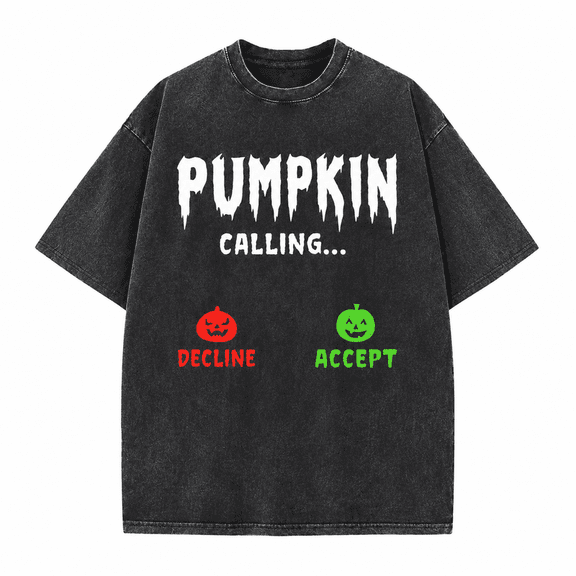 Greenink Men's Halloween Pumpkin Calling Vintage Graphic Tee, 100% Cotton 230 GSM Vintage Washed Heavyweight Oversized T-Shirt