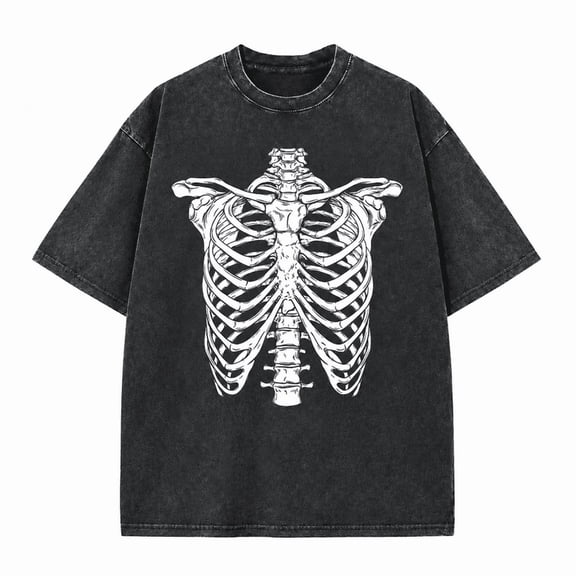 Greenink Men's Halloween Skeleton Rib Cage Vintage Graphic Tee, 100% Cotton 230 GSM Washed Streetwear Heavyweight Oversized T-Shirt