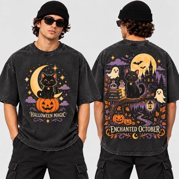 Greenink Men's Halloween Washed Black Cat Pumpkin Graphic T-Shirt, 100% Cotton 230 GSM Heavyweight Loose Fit Tee, Front Chest and Back Print