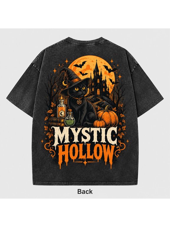 Men's Halloween Washed Black Cat Witch Pumpkin Graphic T-Shirt, 100% Cotton 230 GSM Heavyweight Oversized Vintage Tee for Costume Night