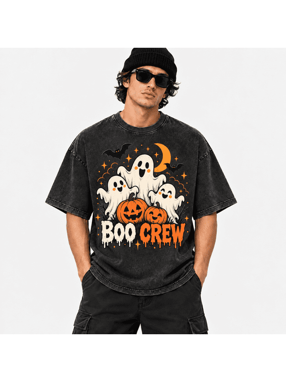 Men's Halloween Washed Boo Crew Ghost Pumpkin Graphic T-Shirt, 100% Cotton 230 GSM Heavyweight Oversized Vintage Tee for Halloween Party & Fall Festival