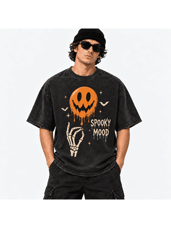 Men's Halloween Washed Creepy Face Skeleton Hand Graphic T-Shirt, 100% Cotton 230 GSM Heavyweight Oversized Gothic Tee for Halloween Party & October Night