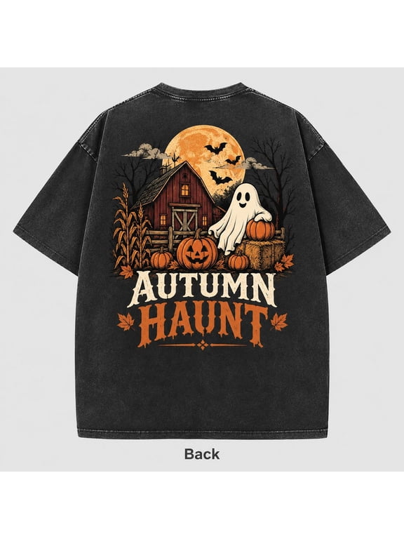 Men's Halloween Washed Ghost Pumpkin Barn Graphic T-Shirt, 100% Cotton 230 GSM Heavyweight Oversized Vintage Tee for Fall Festival & Halloween Party