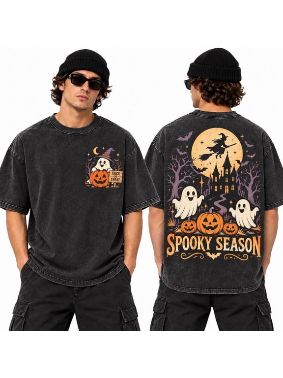 Men's Halloween Washed Ghost Pumpkin Graphic T-Shirt, 100% Cotton 230 GSM Heavyweight Oversized Vintage Streetwear Tee, Front & Back Print