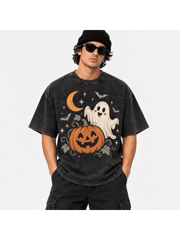 Men's Halloween Washed Ghost Pumpkin Moon Graphic T-Shirt, 100% Cotton 230 GSM Heavyweight Oversized Vintage Tee for Halloween Party & Fall Festival
