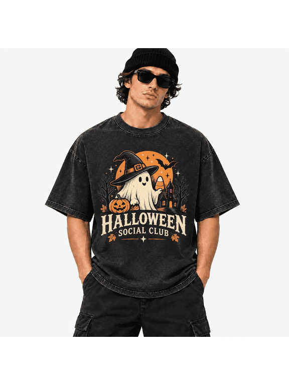 Men's Halloween Washed Ghost Witch Hat Pumpkin Graphic T-Shirt, 100% Cotton 230 GSM Heavyweight Oversized Tee for Halloween Party & Costume Night