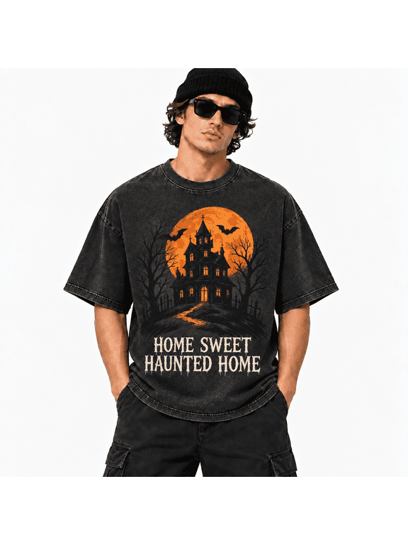 Men's Halloween Washed Haunted House Moon Graphic T-Shirt, 100% Cotton 230 GSM Heavyweight Oversized Gothic Tee for Halloween Night & Costume Party