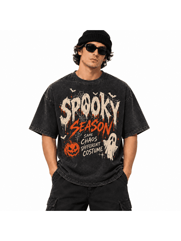 Men's Halloween Washed Spooky Season Pumpkin Ghost Graphic T-Shirt, 100% Cotton 230 GSM Heavyweight Oversized Tee for Costume Night & Halloween Party