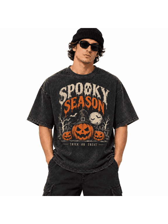 Men's Halloween Washed Spooky Season Pumpkin Witch Hat Graphic T-Shirt, 100% Cotton 230 GSM Heavyweight Oversized Tee for Fall Festival & Costume Night