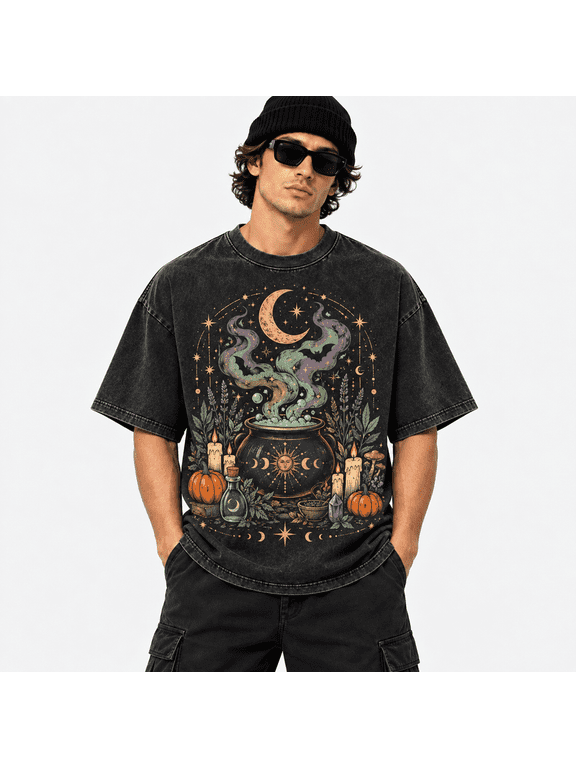 Men's Halloween Washed Witch Cauldron Moon Graphic T-Shirt, 100% Cotton 230 GSM Heavyweight Oversized Vintage Tee for Halloween Night & Costume Party