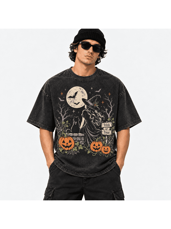 Men's Halloween Washed Witch Pumpkin Moon Graphic T-Shirt, 100% Cotton 230 GSM Heavyweight Oversized Tee for Costume Night & October Streetwear