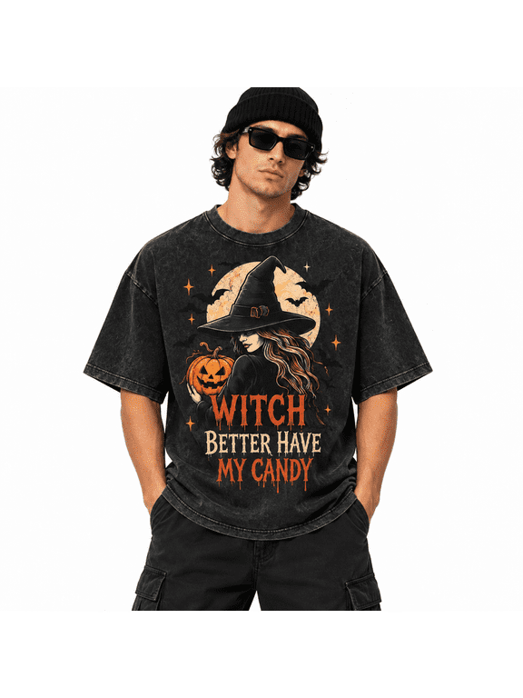 Men's Halloween Washed Witch Pumpkin Moon Graphic T-Shirt, 100% Cotton 230 GSM Heavyweight Oversized Vintage Tee for Costume Night & Halloween Party