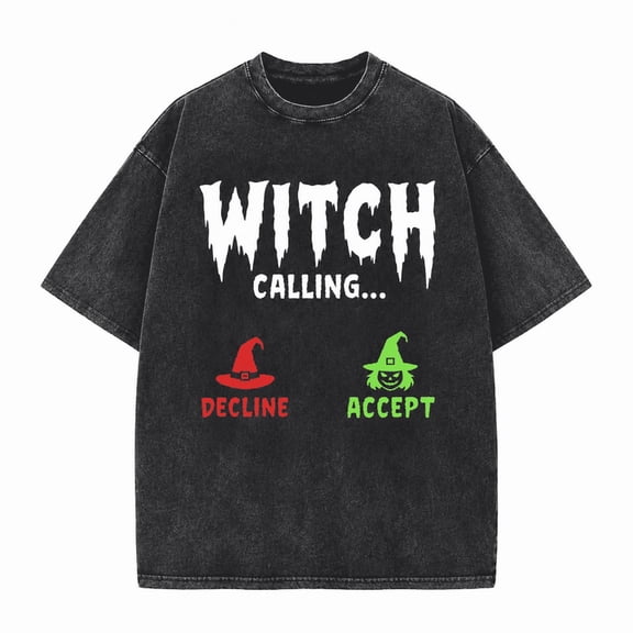 Greenink Men's Halloween Witch Calling Washed Streetwear Tee, 100% Cotton 230 GSM Heavyweight Oversized Vintage Graphic T-Shirt