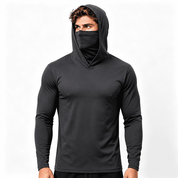 Greenink Men's Hooded Sun Protection Long Sleeve Shirt with Built-in Face Mask, Lightweight Quick Dry Fishing Hiking Outdoor Shirt