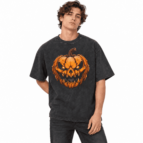 Greenink Men's Scary Jack O Lantern Halloween Graphic T-Shirt, 100% Cotton 230 GSM Heavyweight Vintage Washed Oversized Tee for Halloween Party