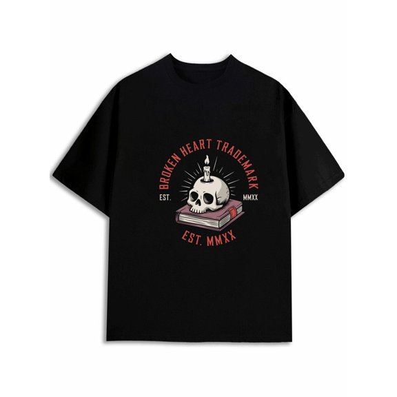 Greenink Men's Soft Casual‑fit Black Graphic Tee, Skull On Book Retro Badge Print, Dark Book Lover Hobby Wear