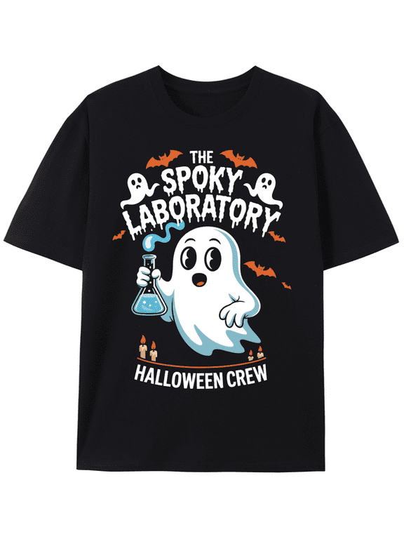 Men's Spooky Laboratory Halloween T Shirt, Ghost Science Graphic Tee with Bats and Potion Flask, Short Sleeve Crew Neck Top for October Party and Casual Wear