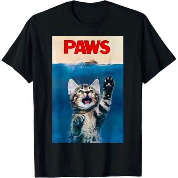 Greenink Men's Summer Round Neck Short Sleeved Casual Cotton Print Cat Parody Of Jaws: Paws T-Shirt