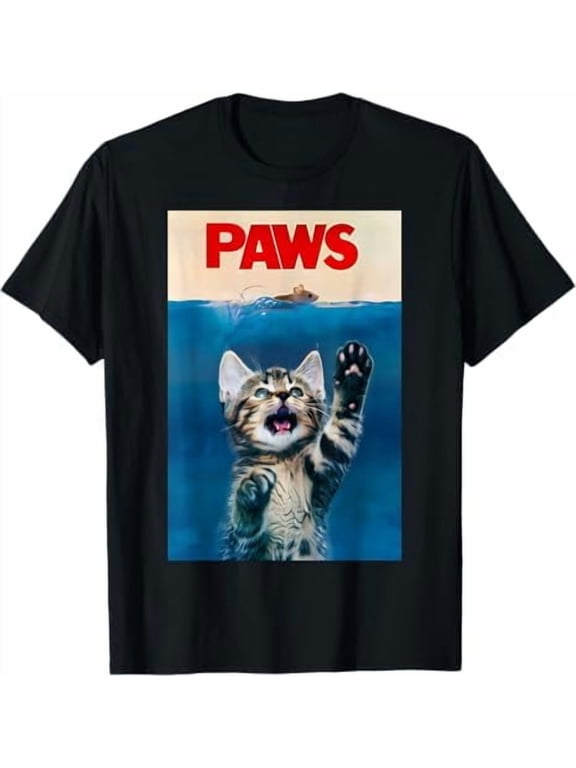 Men's Summer Round Neck Short Sleeved Casual Cotton Print Cat Parody Of Jaws: Paws T-Shirt