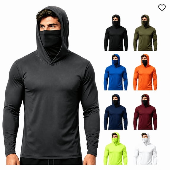 Greenink Men's Hooded Sun Protection Shirt with Built-in Face Mask, Lightweight Quick Dry Long Sleeve Fishing Hiking Outdoor Rash Guard Tee