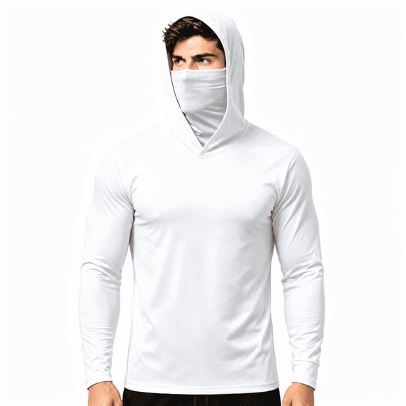 Greenink Men's Hooded Sun Protection Shirt with Built-in Face Mask, Lightweight Quick Dry Long Sleeve Fishing Hiking Outdoor Rash Guard Tee