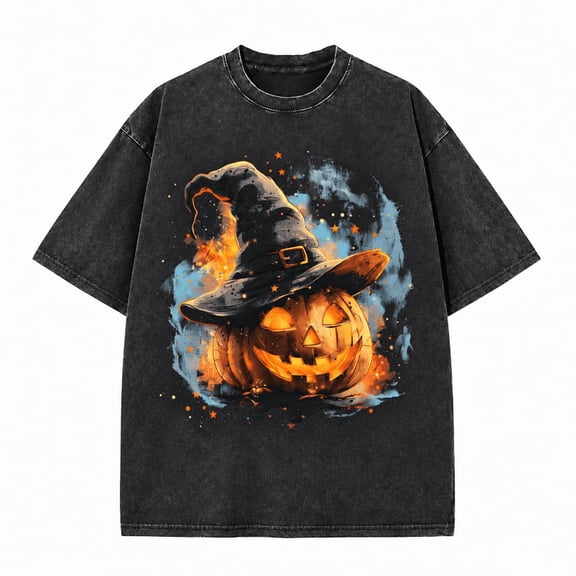 Greenink Men's Witch Hat Pumpkin Halloween T-Shirt, 100% Cotton 230 GSM Heavyweight Washed Oversized Graphic Tee for Halloween Party and Fall Streetwear