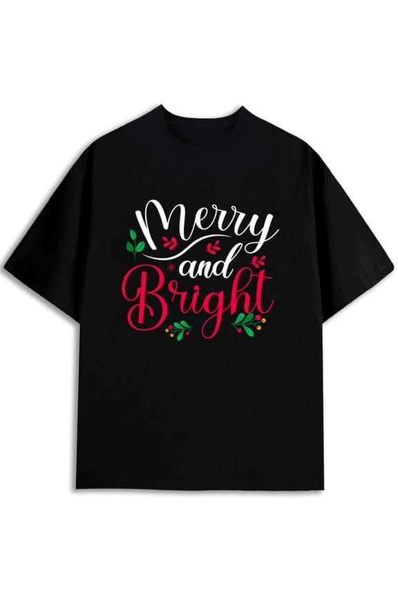 Merry & Bright Holiday Tee men's round neck T-shirt black funny graphic Spring and summer outdoor loungewear Trendy Unisex Shirt Short Sleeve tshirts