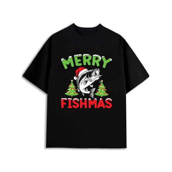 Greenink Merry Fishmas Fishing Tee men graphic t shirts black graphic tees casual Hip-hop street style Casual sportswear Casual Unisex Shirt Cotton tshirts