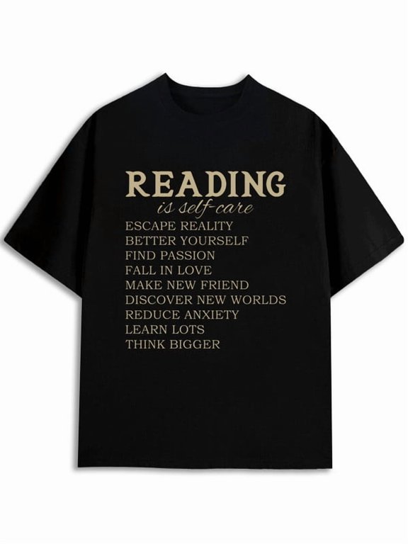 Reading Self Care Inspirational Quote Multiline Text Graphic T-Shirt for Men, Vintage Gold Letter Print Crew Neck Short Sleeve Casual Book Lover Tee