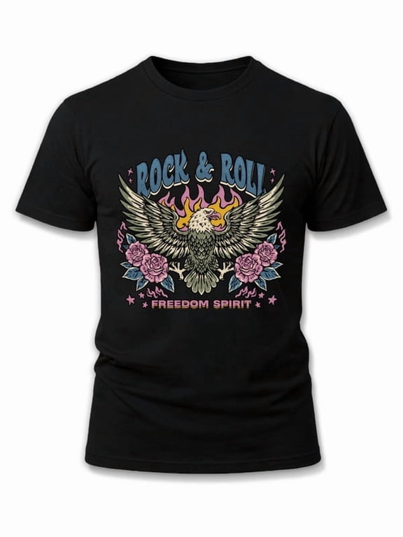 Rock & Roll Freedom Spirit Tee Mens t-shirts black graphic casual New spring and autumn trendy printed T-shirts Casual Unisex Shirt Printed tshirts
