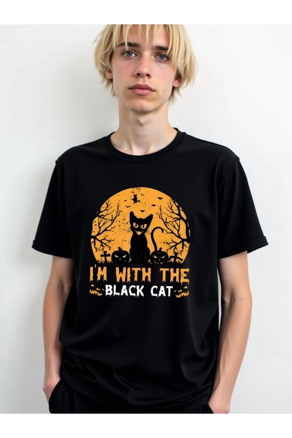 Spooky Black Cat Halloween Tee Mens graphic t shirts black elegant funny Hip-hop street style Weekend casual wear Funny Unisex Shirt Graphic tshirts